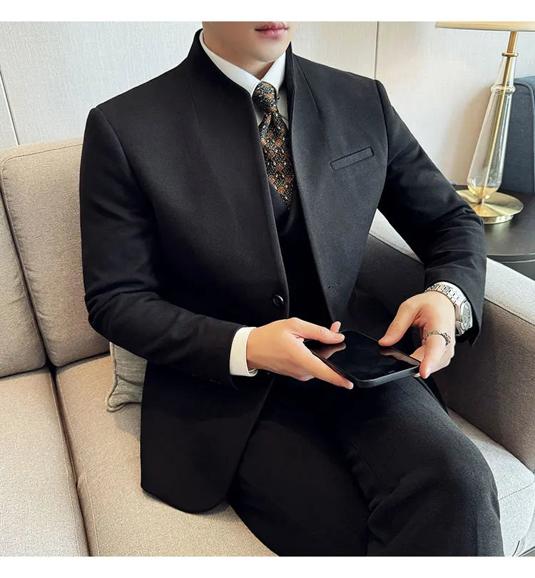 Korean Style Men's Suit Set Slim Fit Business Suit Wool Blazer Three Piece Set Elegant Social Formal Men's Clothing 5XL-M