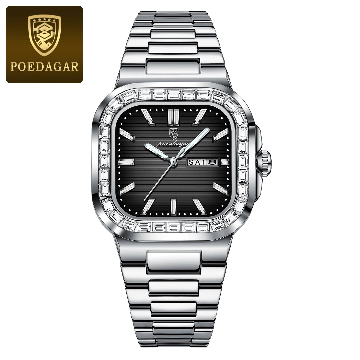 POEDAGAR Top Brand Luxury Watch for Men Waterproof Luminous Date Week Man Wristwatch Stainless Steel Square Quartz Men's Watches