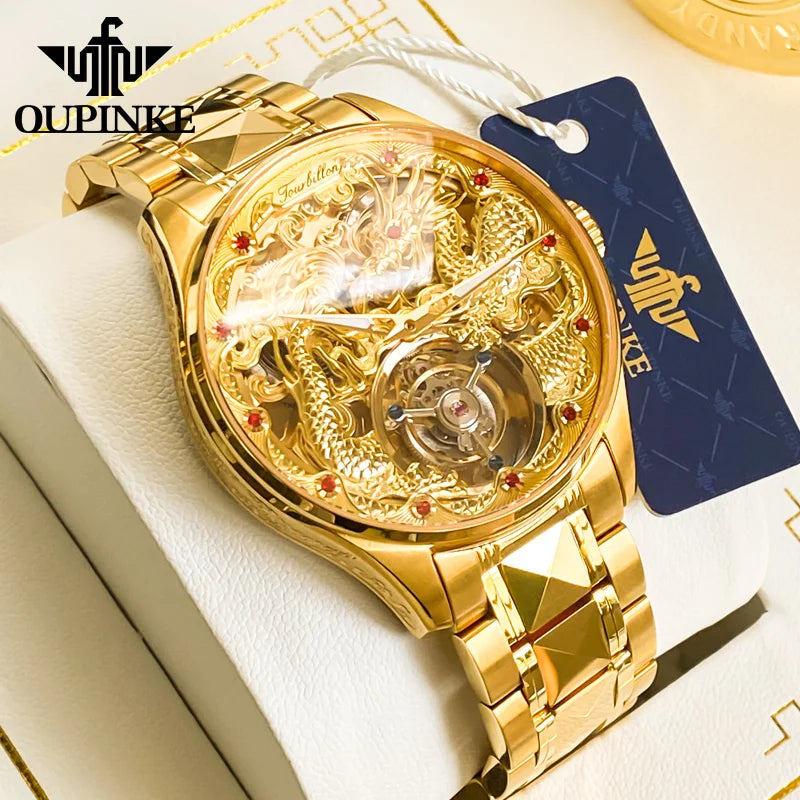 OUPINKE 3176 Luxury High end Fully Automatic Mechanical Tourbillon Watch Full Golden Dragon Dial Watch Sapphire Mirror Men Watch