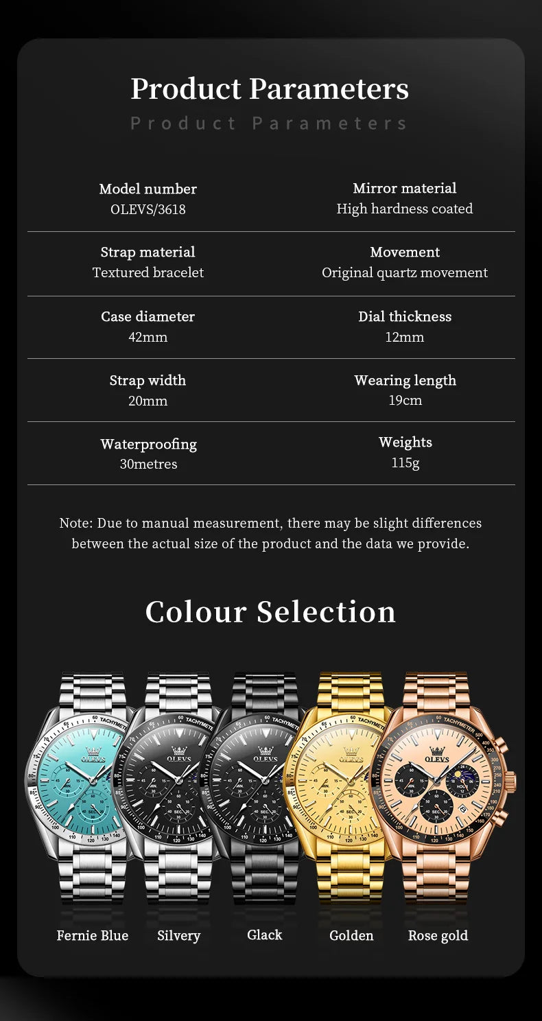 OLEVS 3618 Mens Watch Original Brand Waterproof Luminous Quartz Wristwatch Watch For Man Multifunctional Chronograph With Box