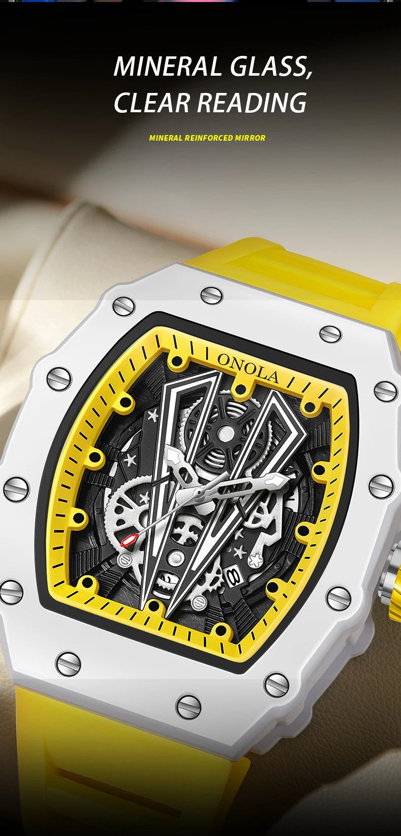 ONOLA Tonneau Mens Watch Fashion White Male Clock Luminous Calendar Water Resistant Silicone Tape Watches for Men Reloj Hombre