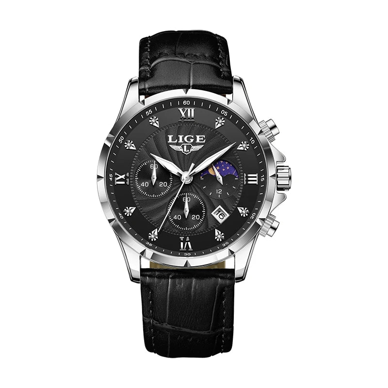 LIGE Men's Watch Luxury Business Luminous Waterproof Leather Watches Moon Phase Week Date Casual Quartz Watch Men Reloj hombre