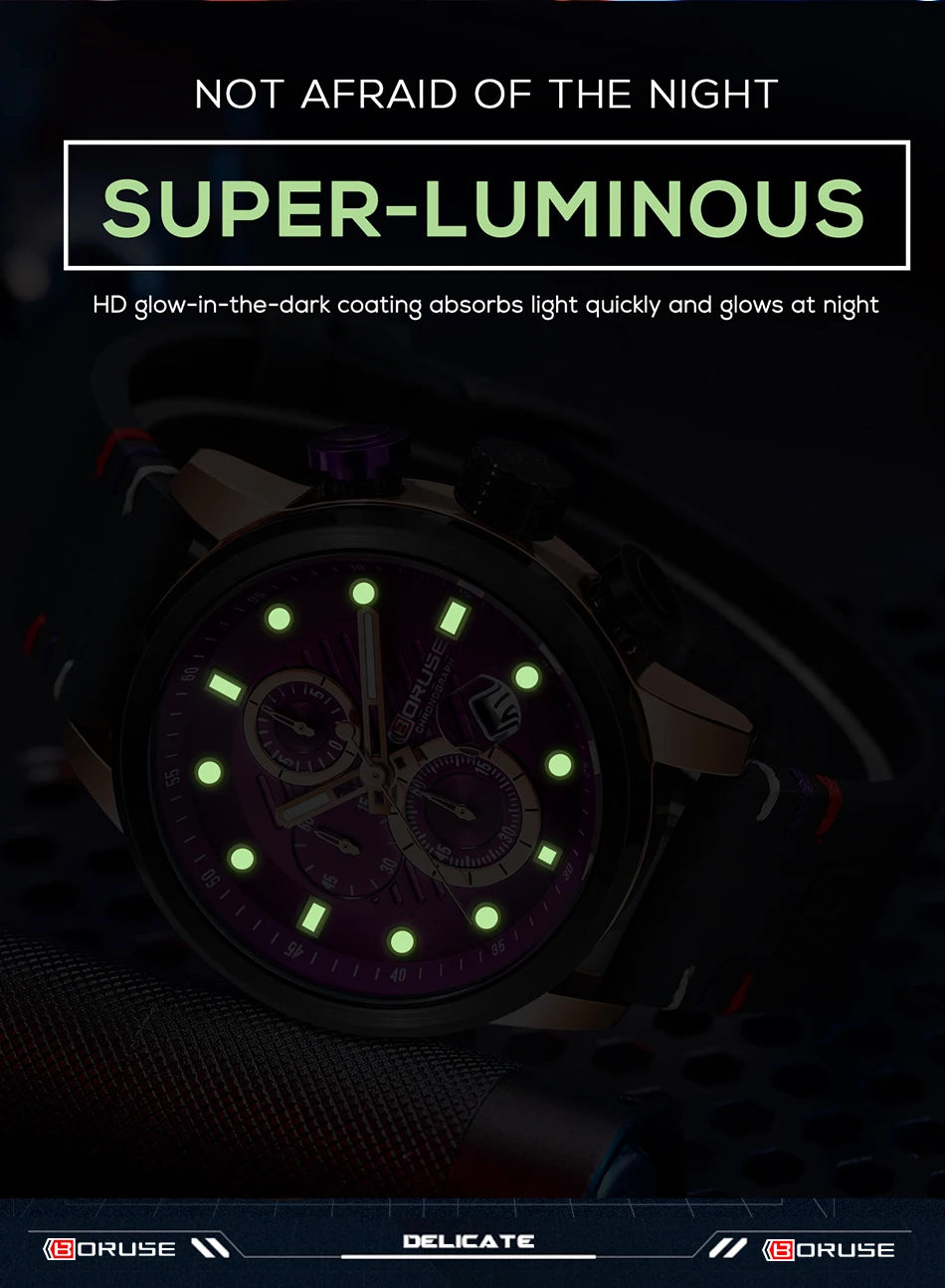 BORUSE New Fashion Mens Watches Top Brand Luxury Military Quartz Watch Man Premium Leather Waterproof Sport Chronograph Watch