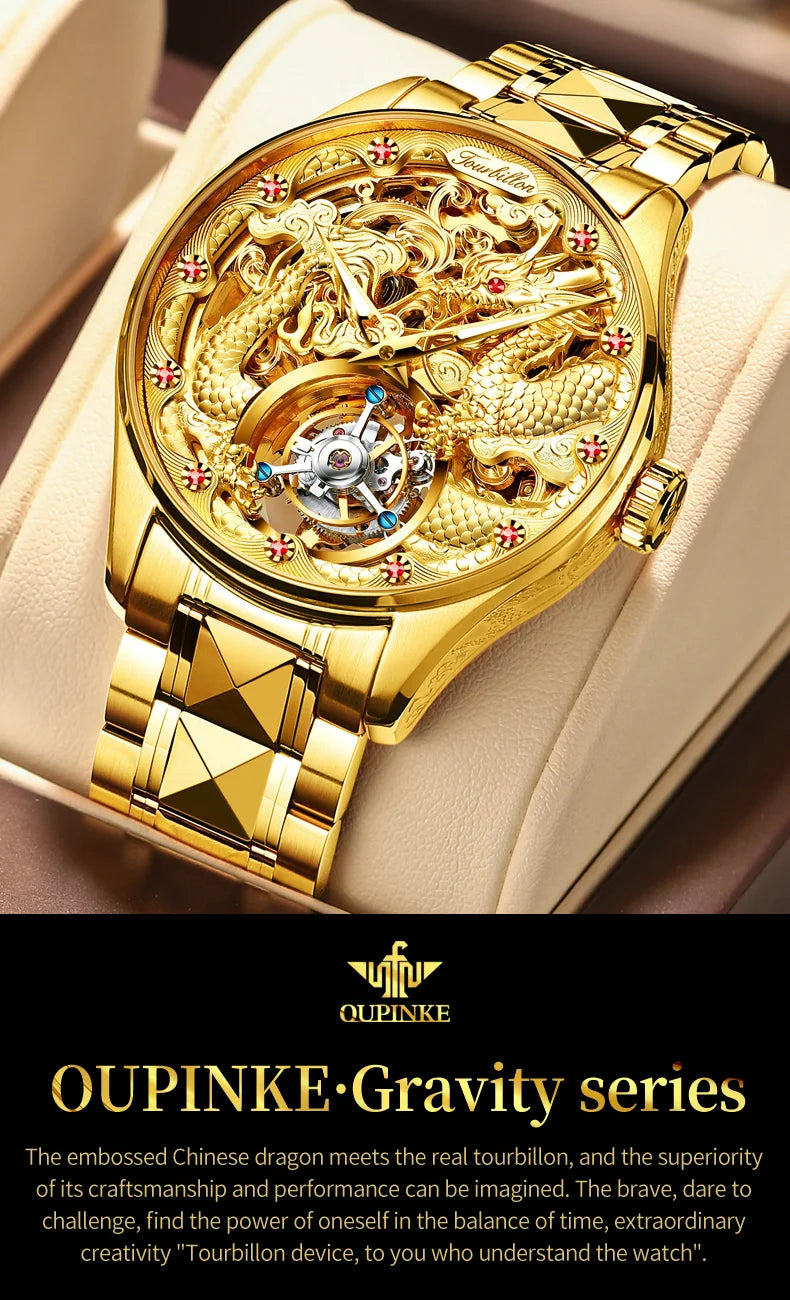 OUPINKE 3176 Luxury High end Fully Automatic Mechanical Tourbillon Watch Full Golden Dragon Dial Watch Sapphire Mirror Men Watch