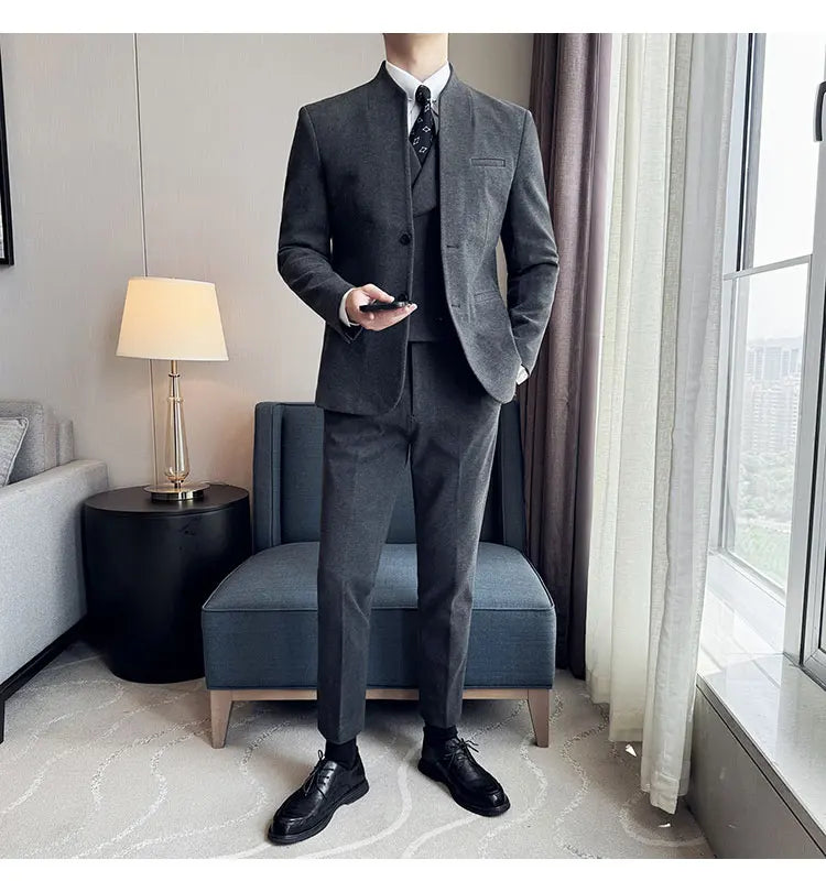 Korean Style Men's Suit Set Slim Fit Business Suit Wool Blazer Three Piece Set Elegant Social Formal Men's Clothing 5XL-M