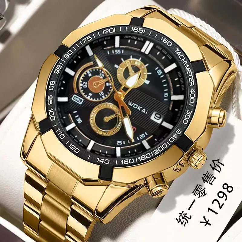 WOKAI Fashion Business Multi-functional steel band Quartz Men's luxury Tungsten steel Watch Boys Girls Student Retro clock