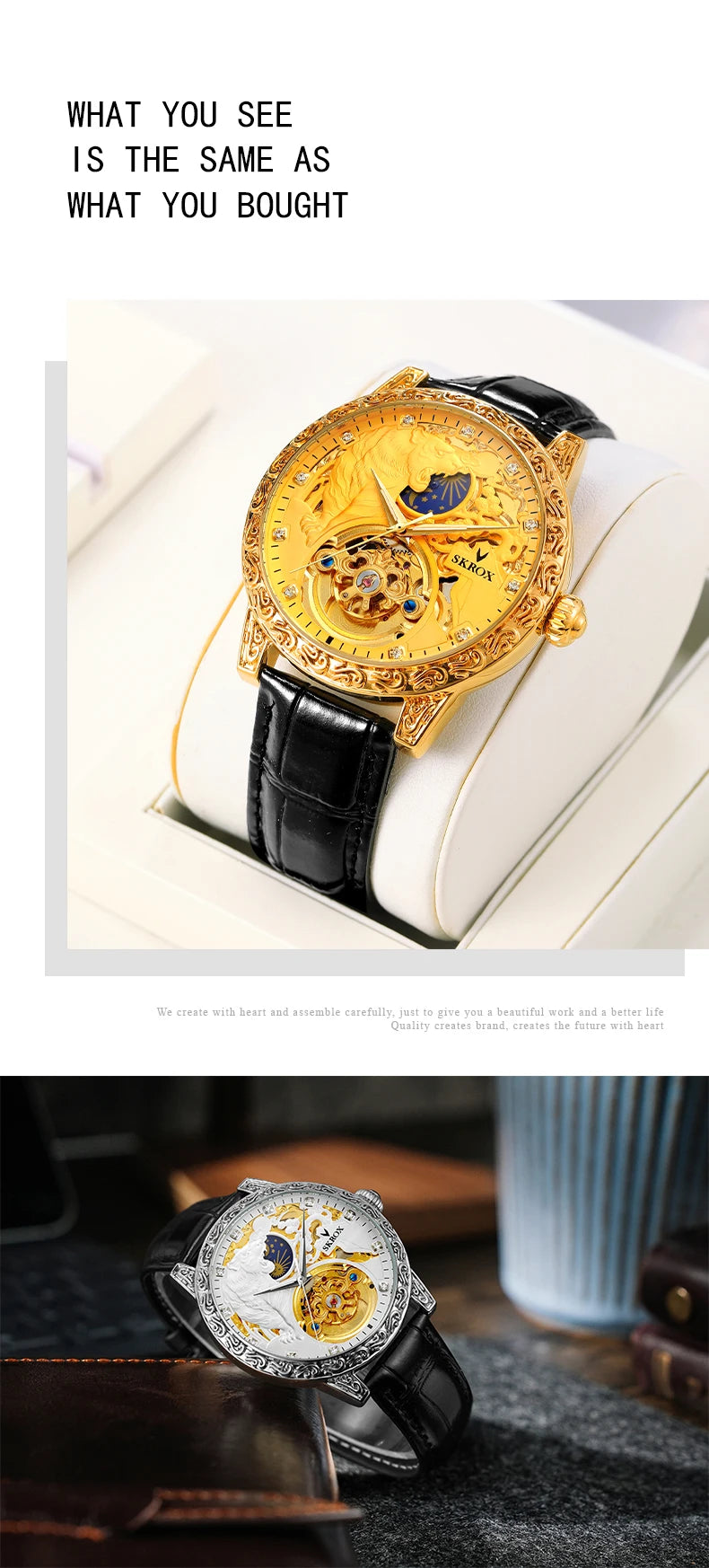 SKROX Original Gold Tiger Diamond Elegant Men's Watch Moon Phase Tourbillon Automatic Mechanical High-end Luxury Male Clockwork