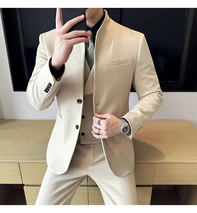 Korean Style Men's Suit Set Slim Fit Business Suit Wool Blazer Three Piece Set Elegant Social Formal Men's Clothing 5XL-M