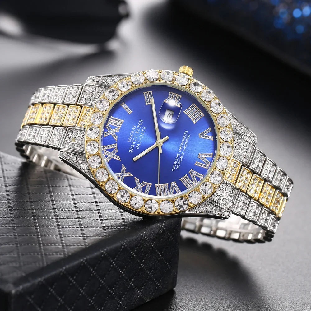 Luxury Men Watch Classic Golden Men Steel Strap Roman Rhinestone Calendar Quartz Watch Fashion Male Wristwatch Relogio Masculino