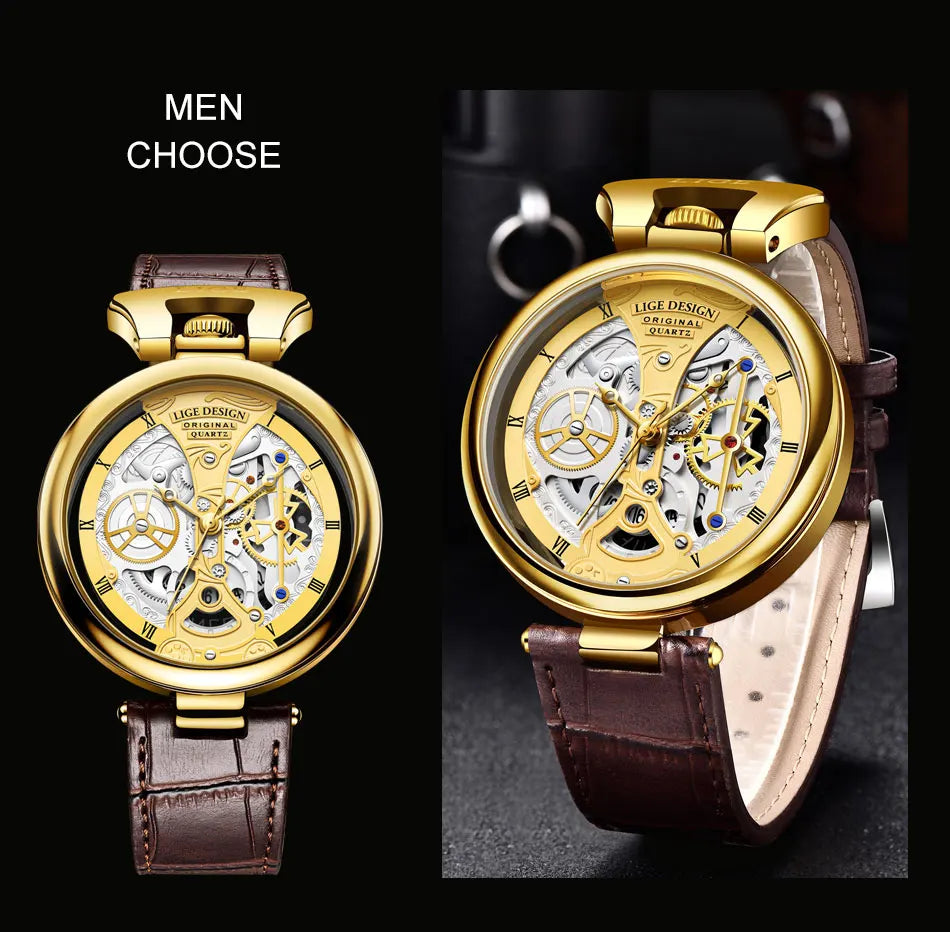 2023 LIGE Men Watches Top Brand Luxury Brown Leather Chronograph Sport Watch For Men Fashion Date Waterproof Clock Reloj Hombre