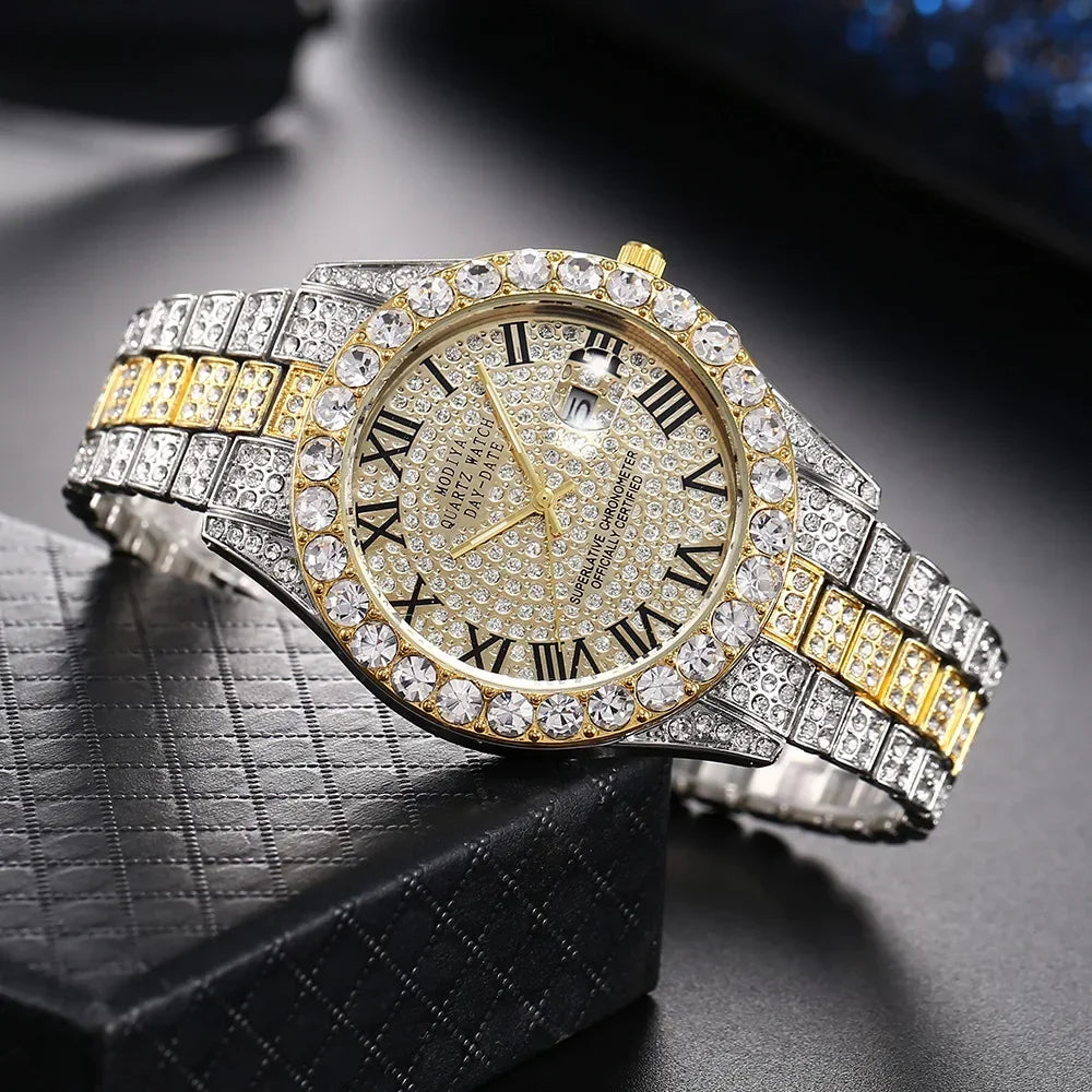 Luxury Men Watch Classic Golden Men Steel Strap Roman Rhinestone Calendar Quartz Watch Fashion Male Wristwatch Relogio Masculino