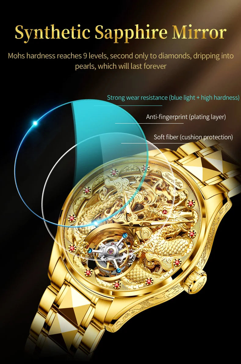 OUPINKE 3176 Luxury High end Fully Automatic Mechanical Tourbillon Watch Full Golden Dragon Dial Watch Sapphire Mirror Men Watch