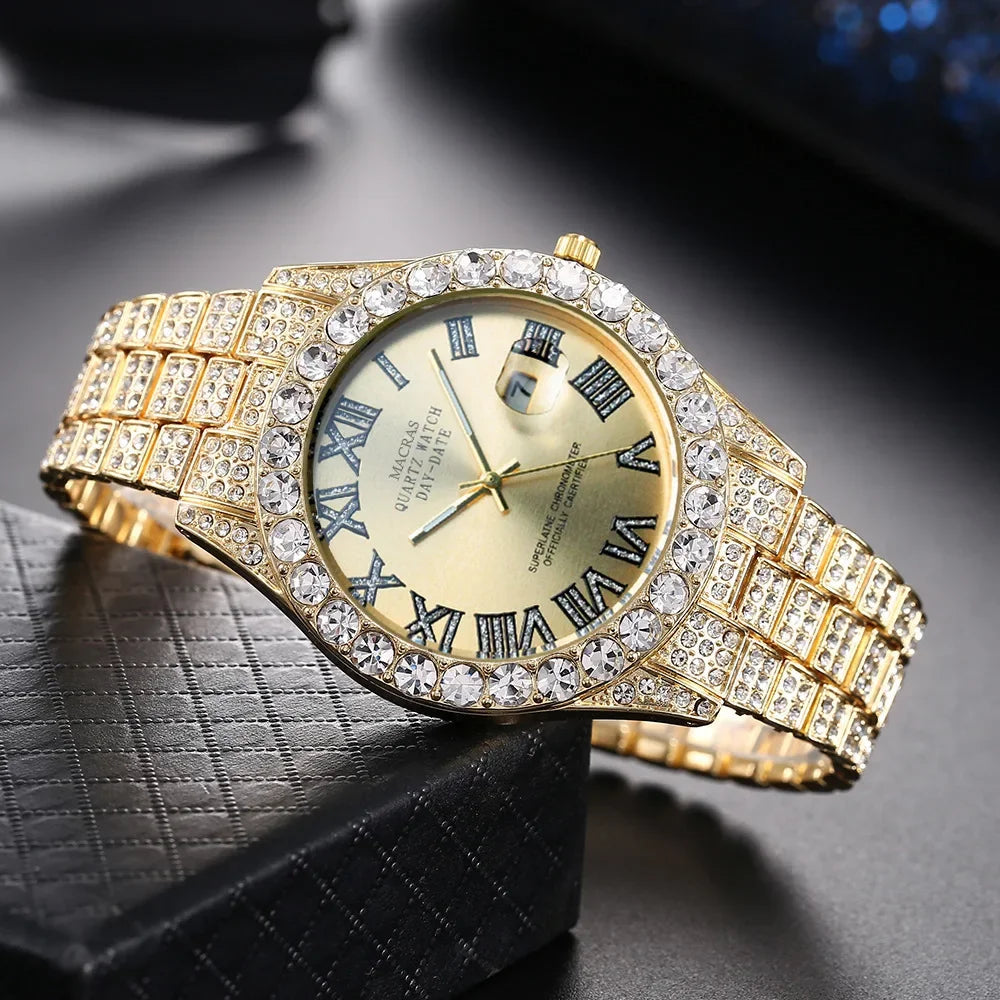 Luxury Men Watch Classic Golden Men Steel Strap Roman Rhinestone Calendar Quartz Watch Fashion Male Wristwatch Relogio Masculino