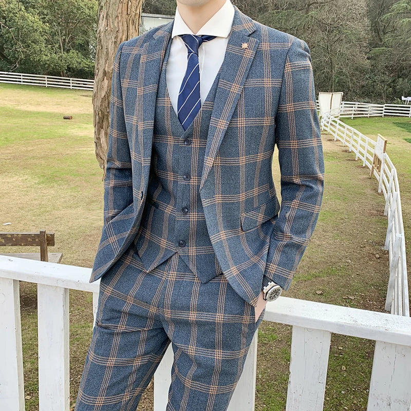 Blazers Pants Set 2 Pieces Set, 2024 Men's Business Casual Men Plaid Suit Jacket and Trousers, Asian Size M-5XL