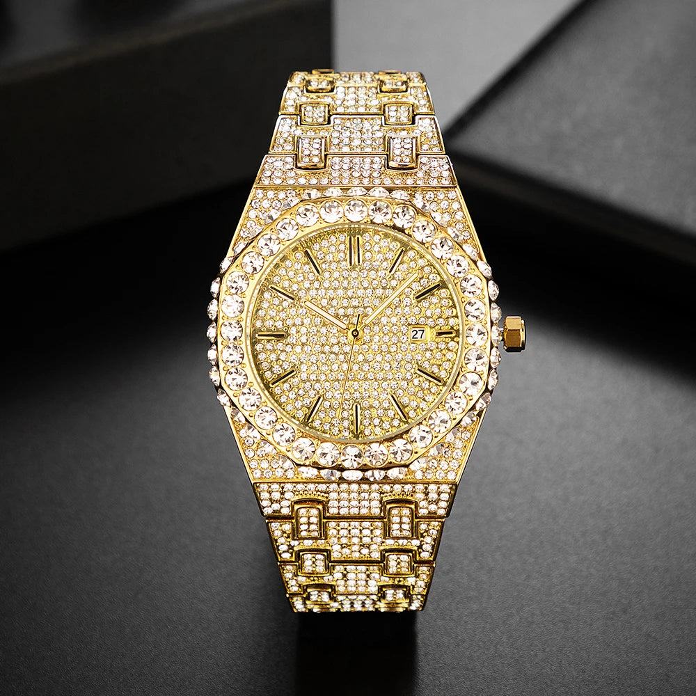 2024 New Hip Hop Mens Quartz Watch Brand MISSFOX Luxury Automatic Date Iced Out Clocks Man Fashion Green Full Diamond Wristwatch