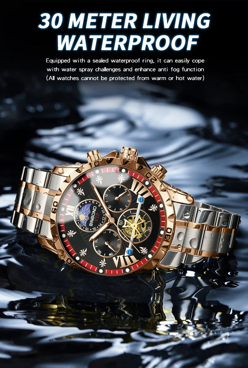 BINBOND Men's Watches Young Fashion Original Quartz Watch for Man Waterproof Luminous Flywheel Chronograph Moon Phase Casual