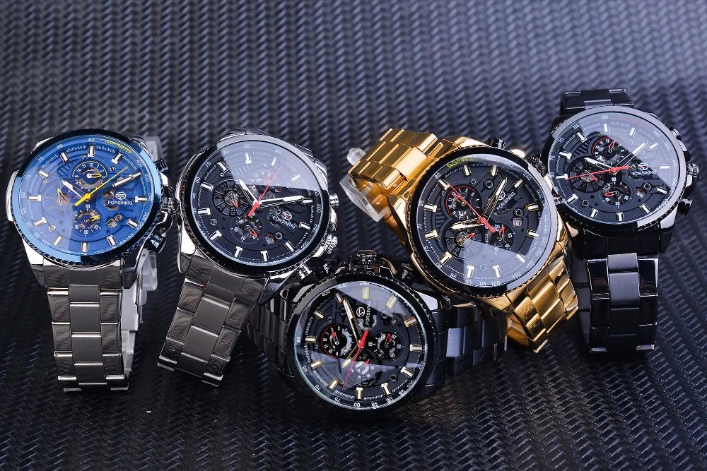 Forsining Top Men's Watches Military Stainless Steel Waterproof Date Week Display Brand Automatic Mechanical Watch for Men