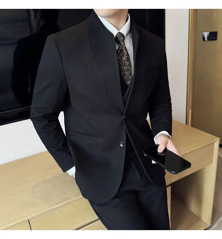 Korean Style Men's Suit Set Slim Fit Business Suit Wool Blazer Three Piece Set Elegant Social Formal Men's Clothing 5XL-M