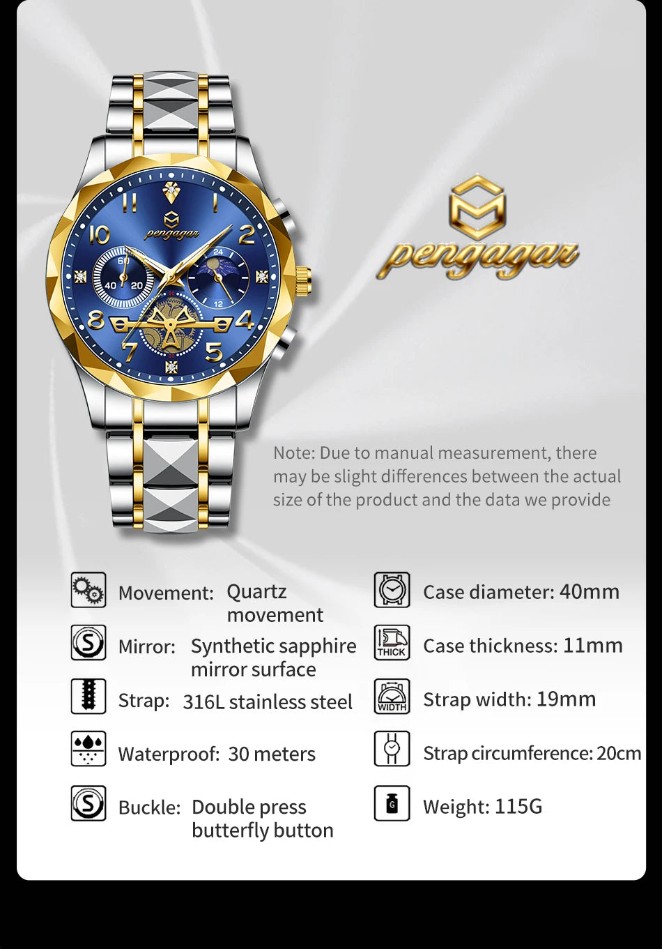 PENGAGAR Luxury Man Wristwatch Chronograph Waterproof Luminous Men Watch Stainless Steel High Quality Sport Men's Quartz Watches