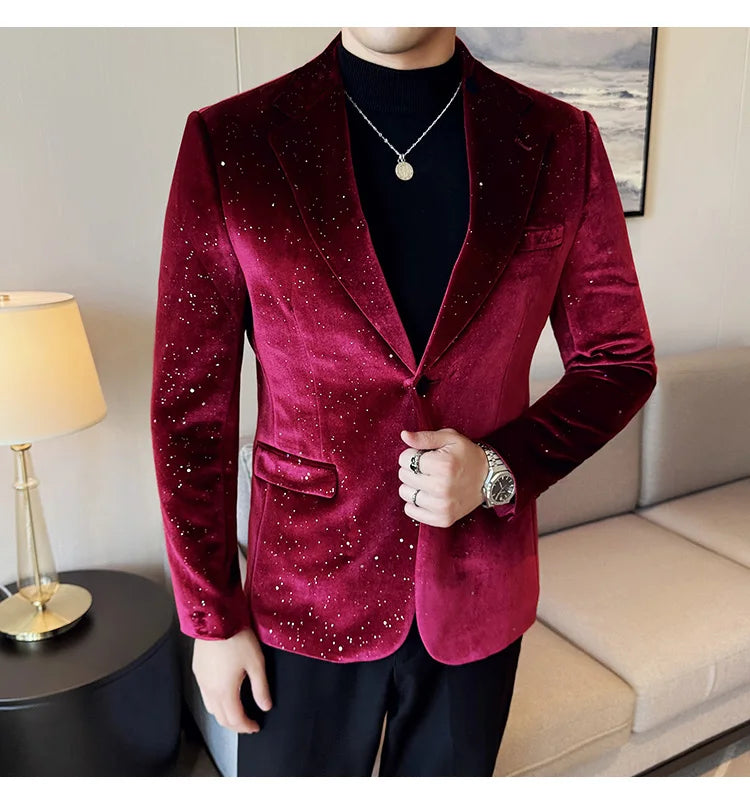 2024 Autumn New Velvet Jacket Men's Blazer Business Fashion Hot Stamping Printed Suit Jacket High-quality Luxury Dress Suit