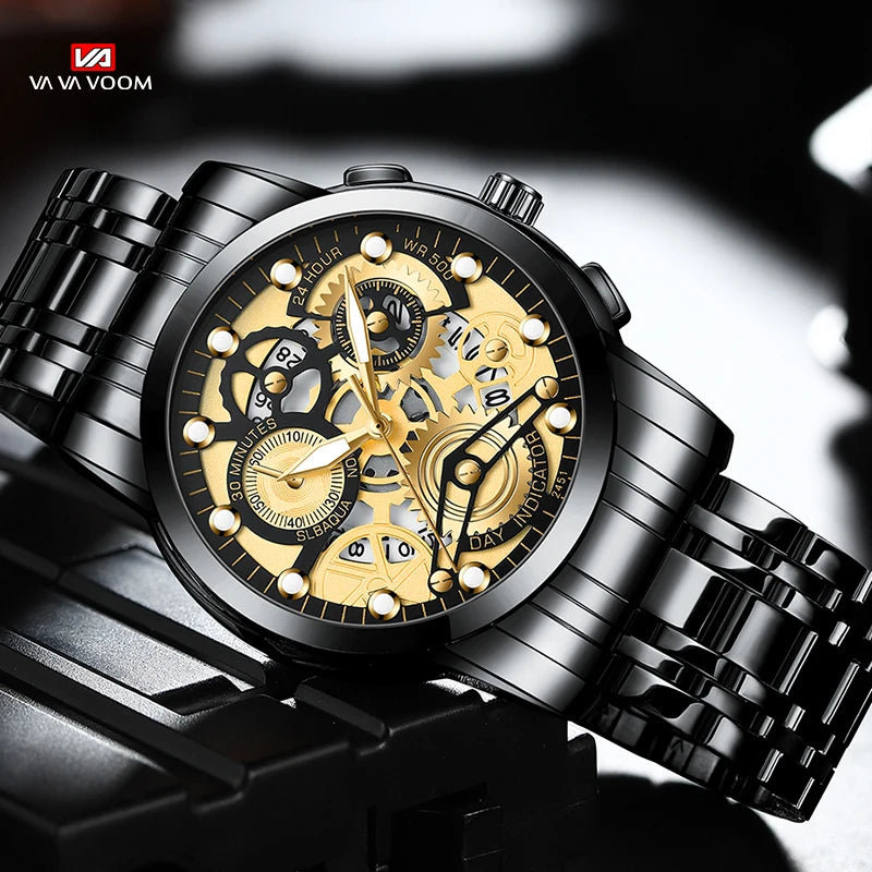 Men's Business Watch Skeleton Design Fashion Mechanical Style Stainless Steel Quartz Movement Calendar Waterproof Men WristWatch