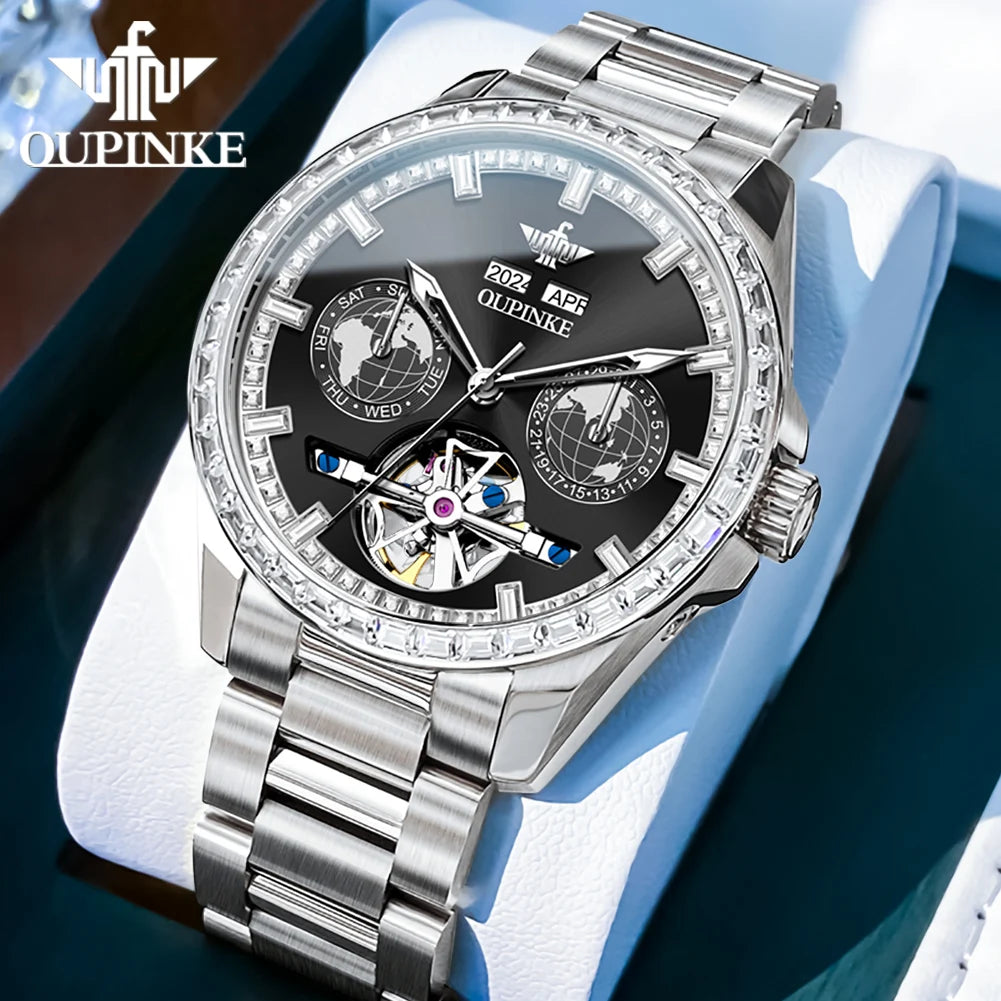 OUPINKE 3280 Mechanical Watch for Men Luxury Full Diamond Flywheel Skeleton Gold Stainless steel Date Automatic Men's Watch