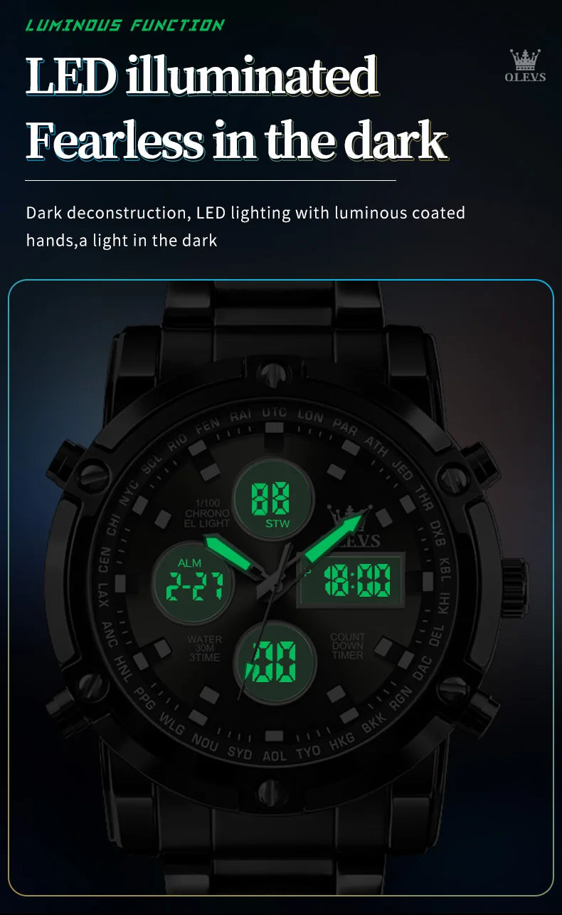 OLEVS 2024 New Mens Watches Top Brand Luxury Sport Digital Quartz Wristwatch For Men All Steel Military Waterproof Clock+Box