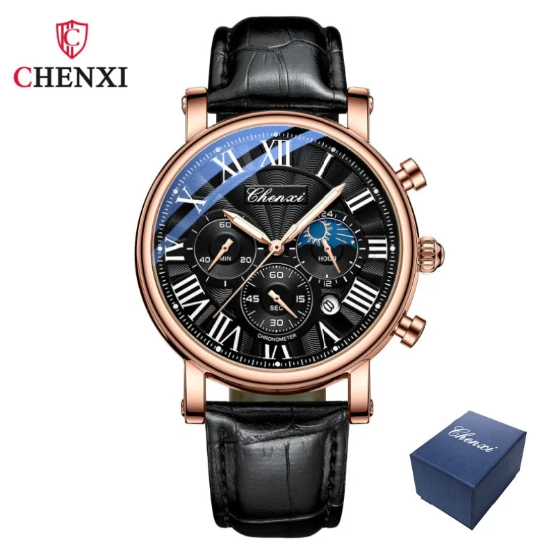 CHENXI 973 Men's Wristwatch Multi-functional Business Watch Moon Phase Date Waterproof Rome Dial Leather Quartz Watches for Man