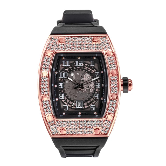 MISSFOX New Men Wrist Watches Tonneau Rubber Strap Waterproof Male Quartz Watch Unique Classic Gold Hollow Men's Clocks Gifts