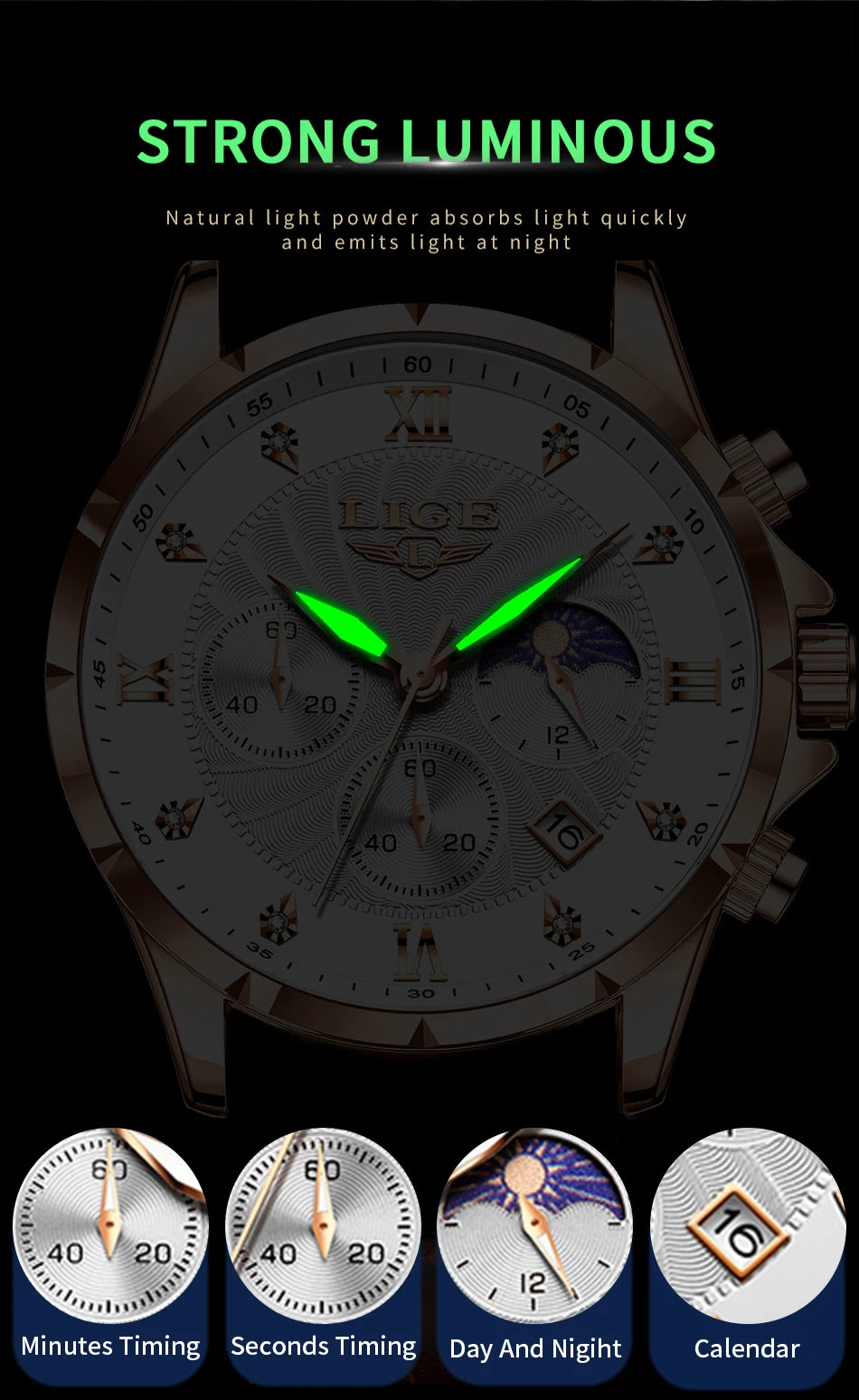 LIGE Men's Watch Luxury Business Luminous Waterproof Leather Watches Moon Phase Week Date Casual Quartz Watch Men Reloj hombre