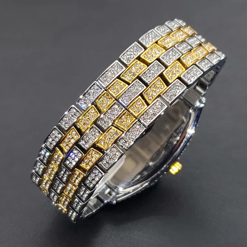 Classic 55mm Black Dial Wristwatch Men Famous Brand Diamond Silver Quartz Watch Original Ice Out Shiny Waterproof Clock 2023 New
