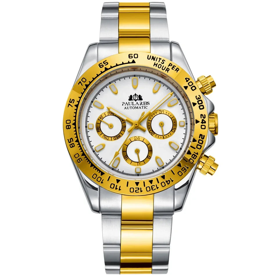 Automatic Watches Self Wind Mechanical Gold Stainless Steel Glacier Ice Blue Dial Chestnut Brown Bezel Luminous Men Watch