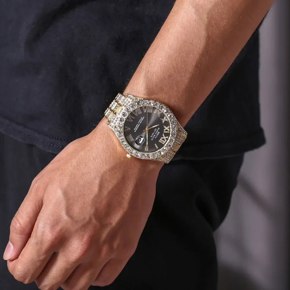 Luxury Men Watch Classic Golden Men Steel Strap Roman Rhinestone Calendar Quartz Watch Fashion Male Wristwatch Relogio Masculino