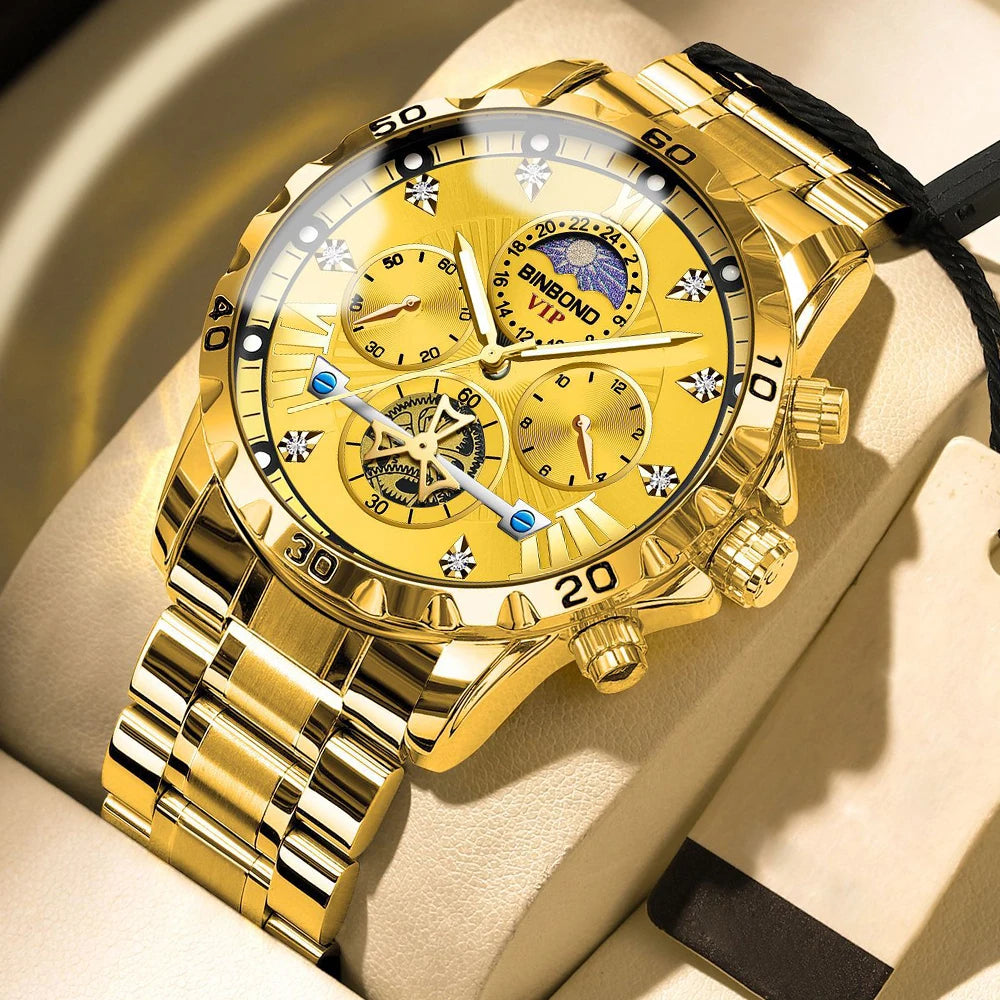 BINBOND Men's Watches Young Fashion Original Quartz Watch for Man Waterproof Luminous Flywheel Chronograph Moon Phase Casual