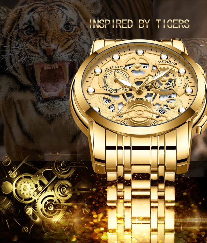 Men's Business Watch Skeleton Design Fashion Mechanical Style Stainless Steel Quartz Movement Calendar Waterproof Men WristWatch