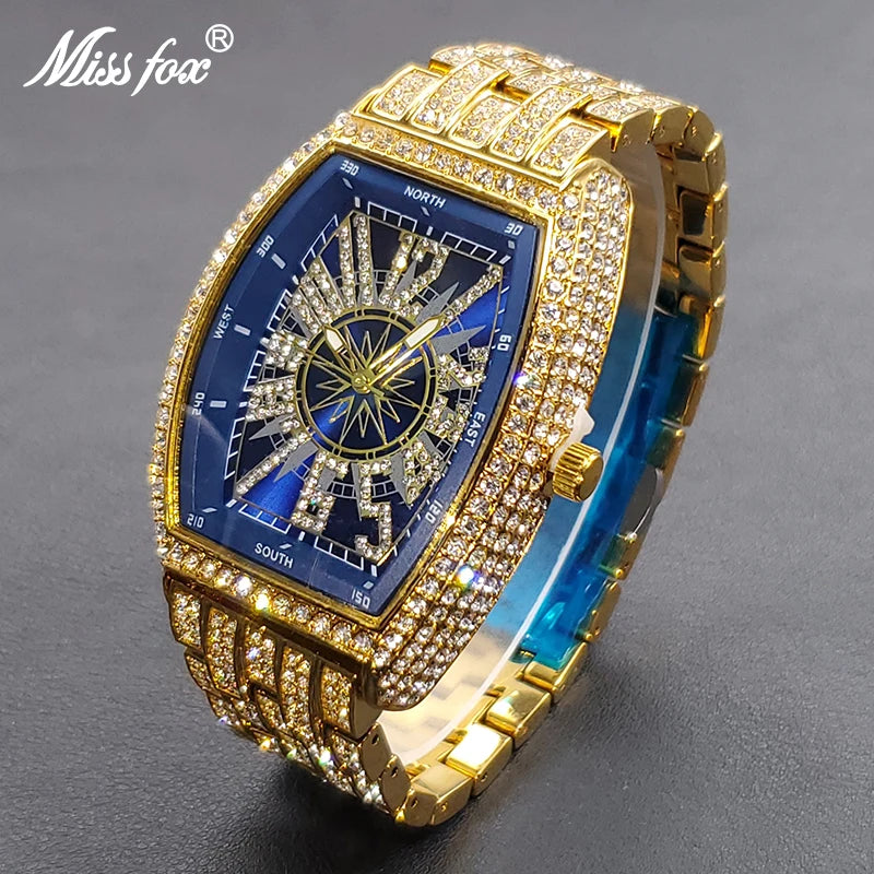 Classic 55mm Black Dial Wristwatch Men Famous Brand Diamond Silver Quartz Watch Original Ice Out Shiny Waterproof Clock 2023 New
