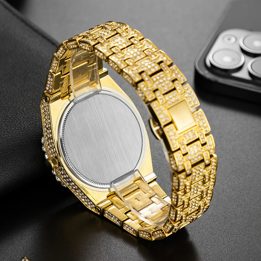 2024 New Hip Hop Mens Quartz Watch Brand MISSFOX Luxury Automatic Date Iced Out Clocks Man Fashion Green Full Diamond Wristwatch