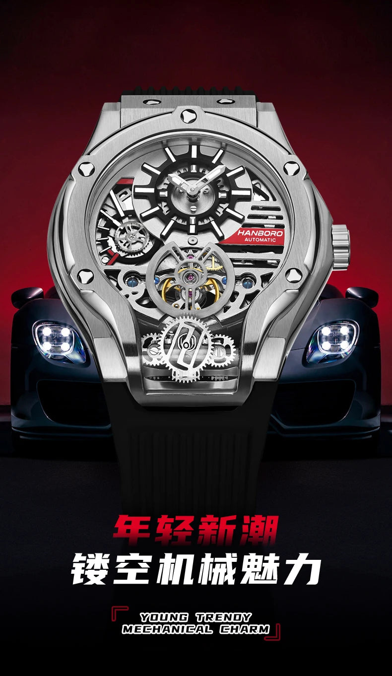 HANBORO Car Design Mechanic Watch Luxury Men Watches Mechanical Wristwatches Earth Skeleton Flywheel Watch Orologio Uomo