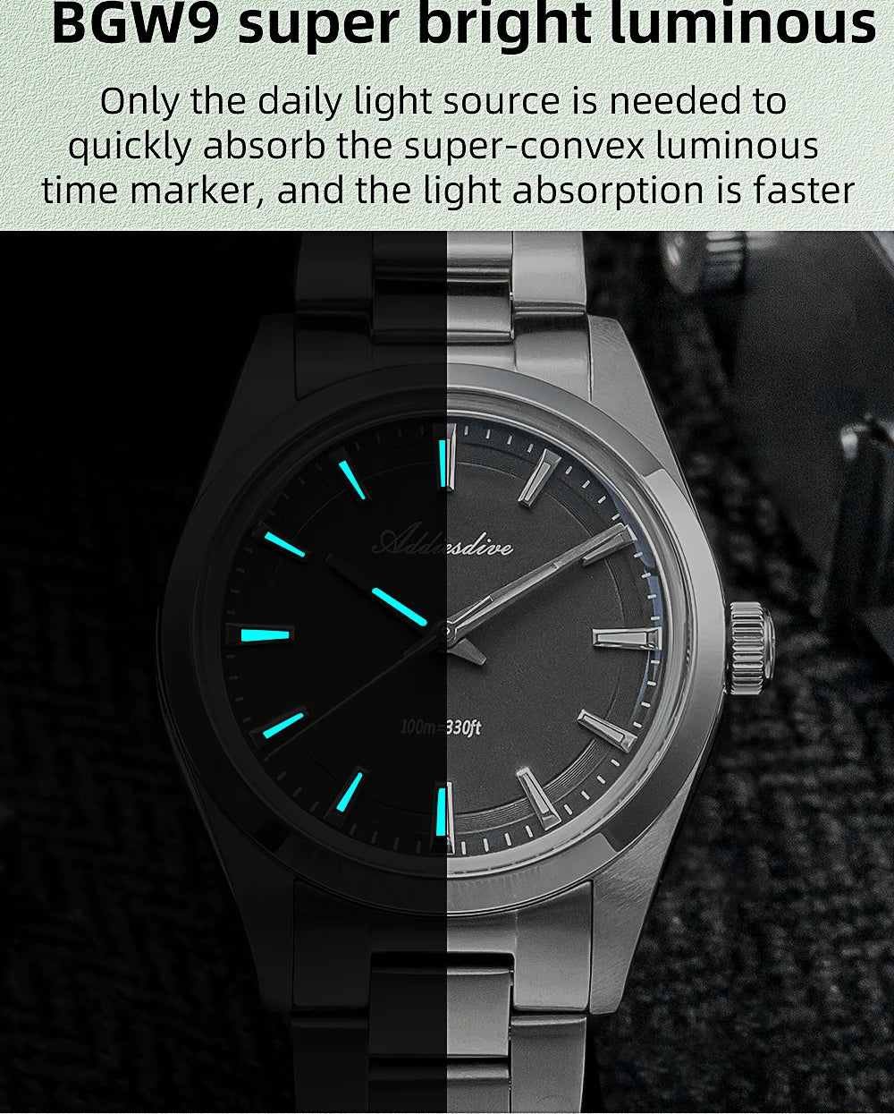 ADDIESDIVE 36mm AD2066 Men Watch BGW9 Luminou Bubble Mirror Glass 316L Stainless Steel Reloj Hombre 100m Waterproof Quartz Watch