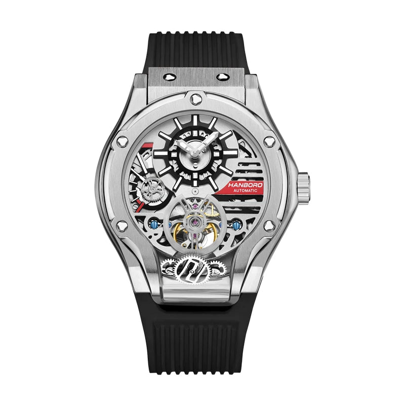 HANBORO Car Design Mechanic Watch Luxury Men Watches Mechanical Wristwatches Earth Skeleton Flywheel Watch Orologio Uomo