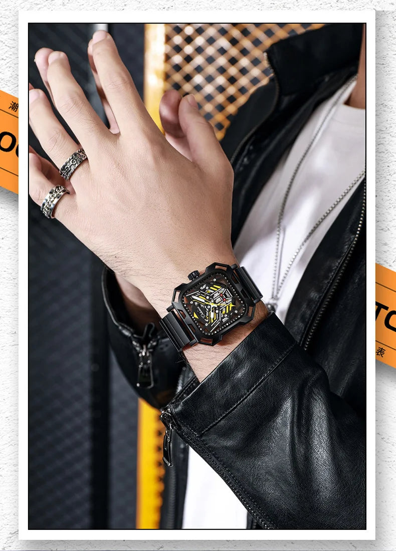 Square Skeleton Dial Mens Watches Top Brand Luxury Luminous Sports Automatic Mechanical Watch Waterproof Steel Reloj Hombre