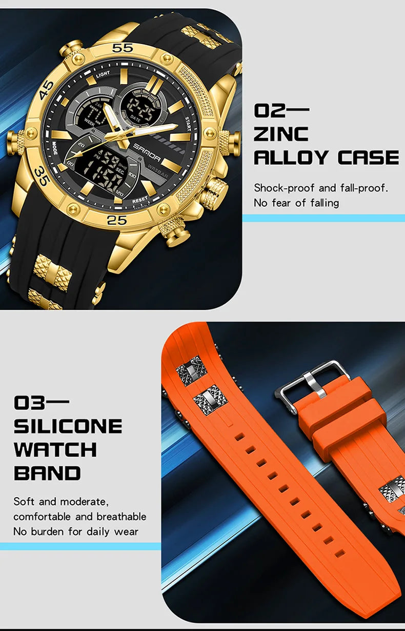 SANDA 6162 Men's Electronic Watch Creative Sports Waterproof Luminous Chronograph Pointer Digital Dual Display Wristwatches
