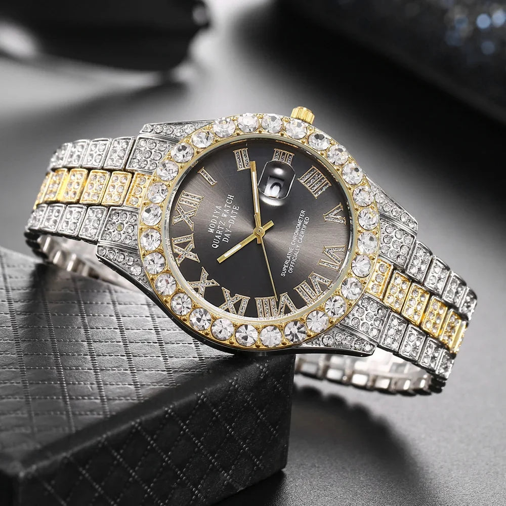 Luxury Men Watch Classic Golden Men Steel Strap Roman Rhinestone Calendar Quartz Watch Fashion Male Wristwatch Relogio Masculino