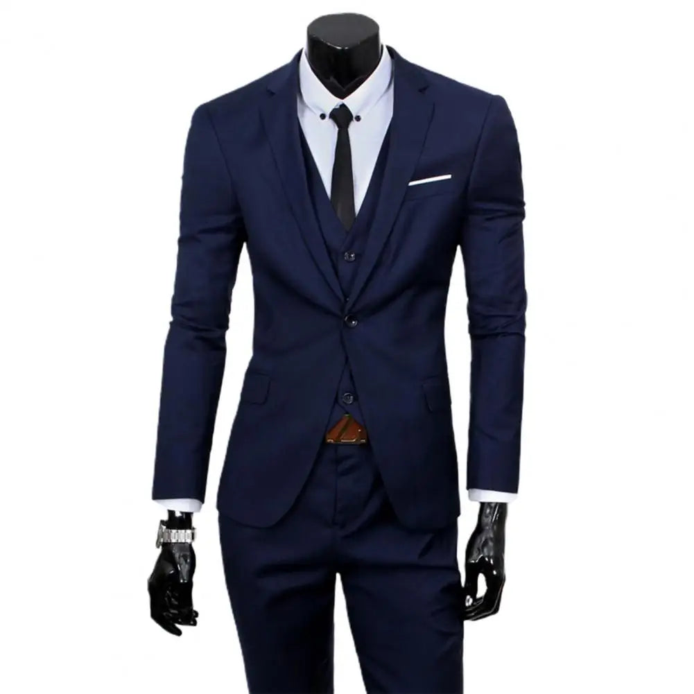 Fabulous Men Suit Set Cardigan 3 Piece Set Soft Fabric Split Wedding Suit Set Business Suit Slim Fit