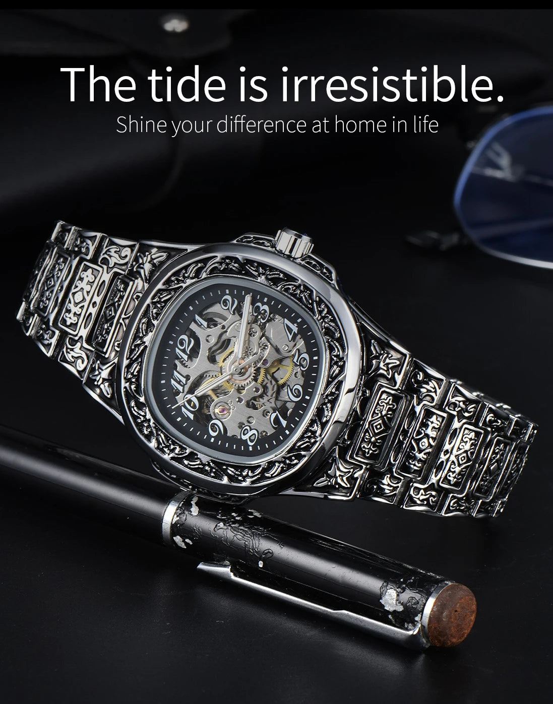 LONGLUX automatic watch for man retro mechanical wristwatches luxury alloyl waterproof skeleton mens watch men gift