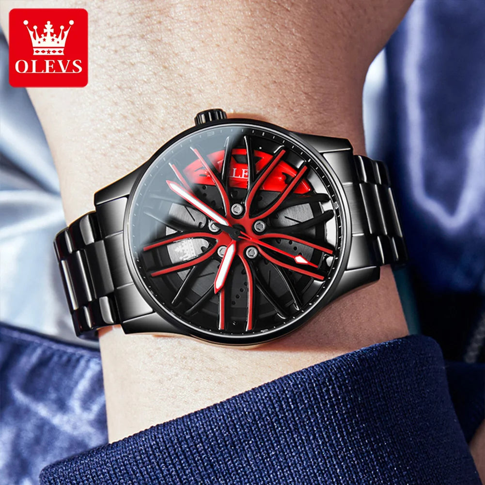 OLEVS Men Quartz Watch Car Wheel Rim Hub Dial Male Wristwatch Cool Man Black Red Waterproof Watches Full Steel Relogio Masculino