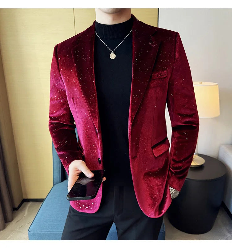 2024 Autumn New Velvet Jacket Men's Blazer Business Fashion Hot Stamping Printed Suit Jacket High-quality Luxury Dress Suit