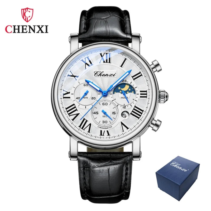 CHENXI 973 Men's Wristwatch Multi-functional Business Watch Moon Phase Date Waterproof Rome Dial Leather Quartz Watches for Man