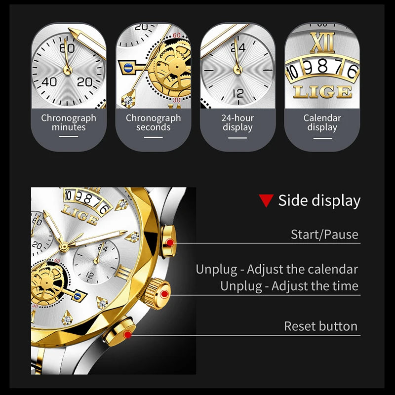 LIGE 2024 Fashion Mens Watch Luxury Business Waterproof Sports Quartz Wristwatches Luminous Date Casual Watches Men Reloj Hombre