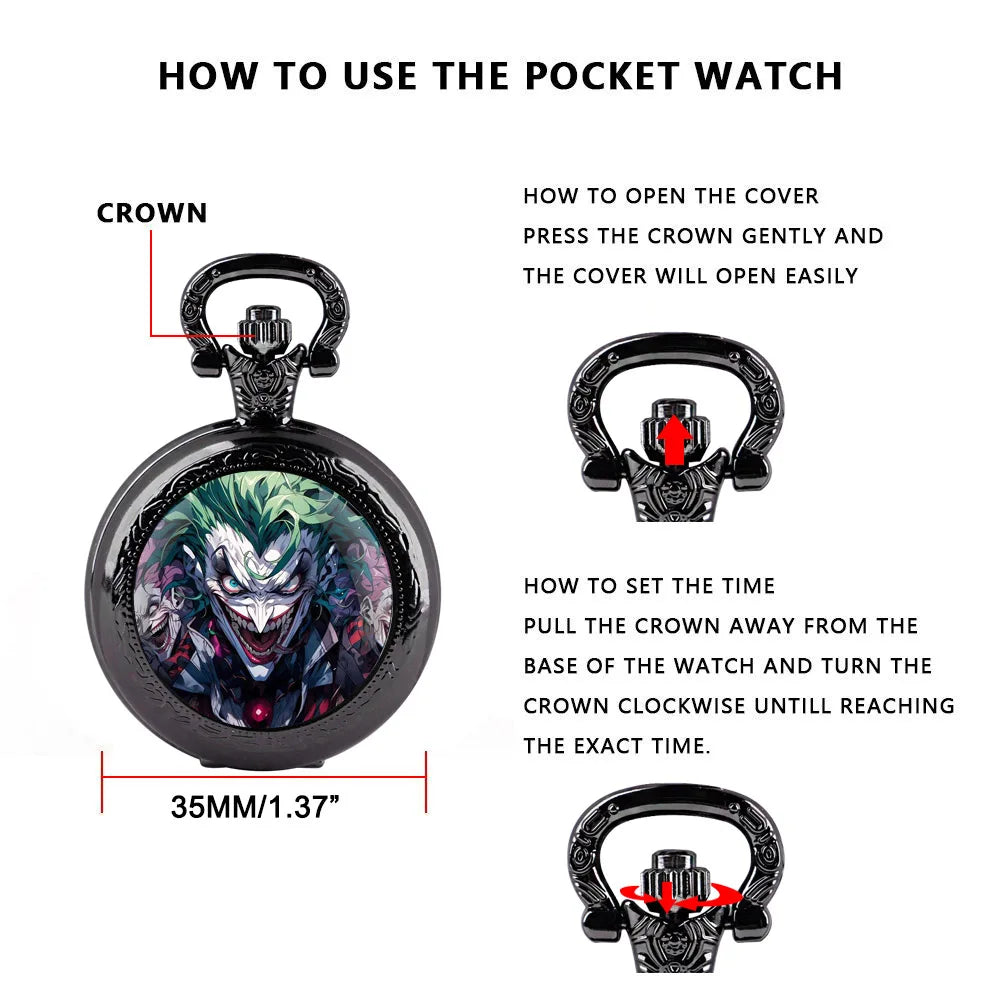 Joker Themed Glass Dome Quartz Pocket Watch Classic Arabic Numeral Dial with Durable Chain for Men Creative Gifts